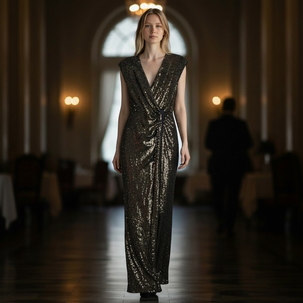 JM Studio by John Meyer Dress Long Gold Sequin Party Wedding Size 6